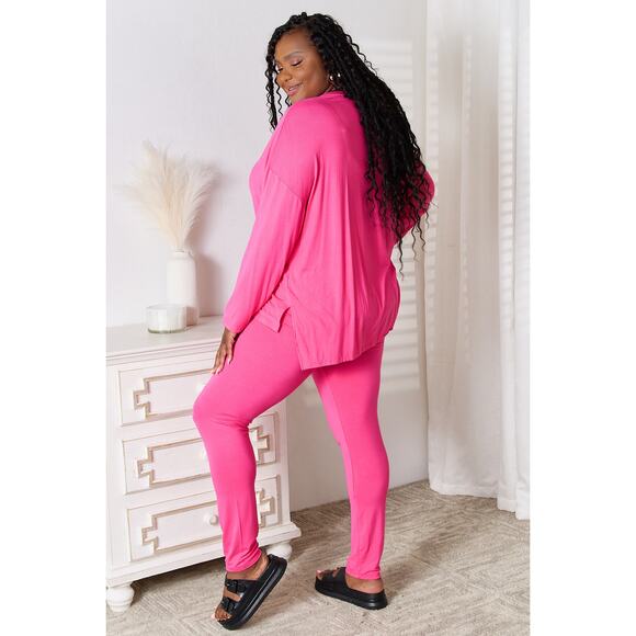 BASIC BAE Hot Pink V-Neck Soft Rayon Long Sleeve Top Pants Lounge Set NEW MIsses - Picture 5 of 7